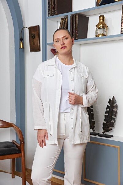 RMG Λευκό λινό μπουφάν μεγάλου μεγέθους με λεπτομέρεια από δαντέλα στη μέση