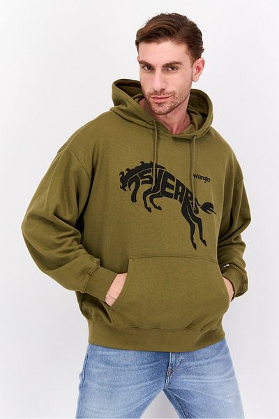 WRANGLER Men Hood With Drawstring Long Sleeve Graphic Print Sweatshirts, Olive