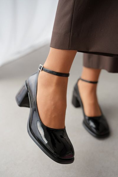 selinshoes Lina Black Patent Leather Low Heel Shoes - Oval Toe, Ankle Strap