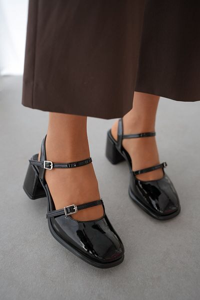 selinshoes Ankle Strap Duru Low Heeled Shoes - Black Patent Leather