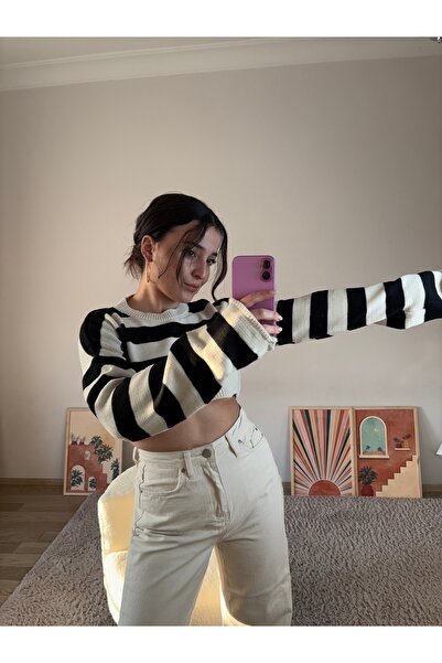 Siyah-Çizgili Crop Kazak