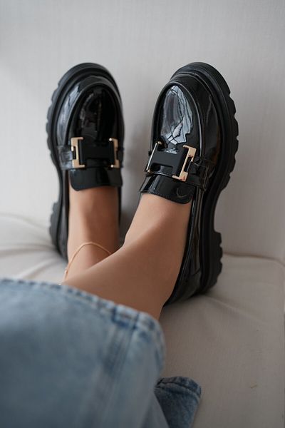 selinshoes Black Patent Leather Loafer with Gold Accessories and Belt - Low Heeled Women's Shoes