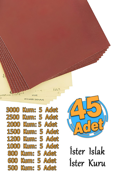 Badem10 Su Zımparası 45 Adet Kağıdı Far Temizleme Seti 3000-2500-2000-1500-1200-1000-800-600-500 Kum