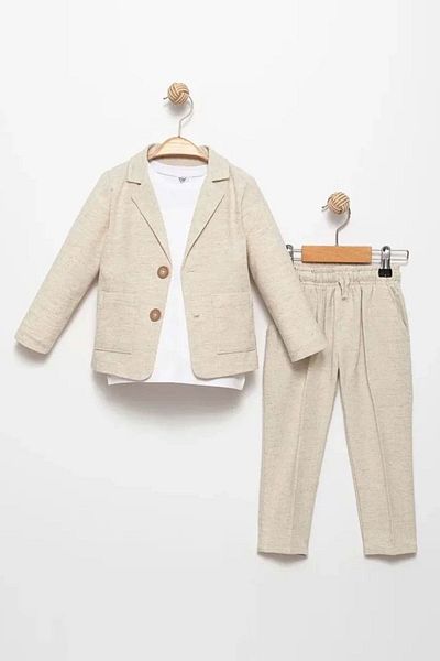 Minigimin Cicileri Boy's Sports Set - Lullabies of My Mini, with Linen Jacket, Set of 3 - Beige