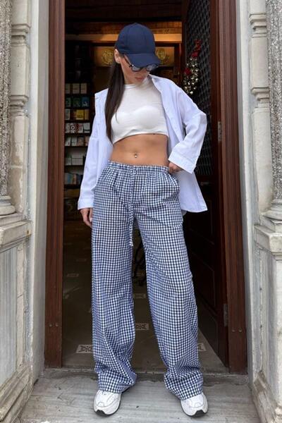 Madmext Lacivert Pötikareli Bol Paça Kadın Pantolon Mg2335