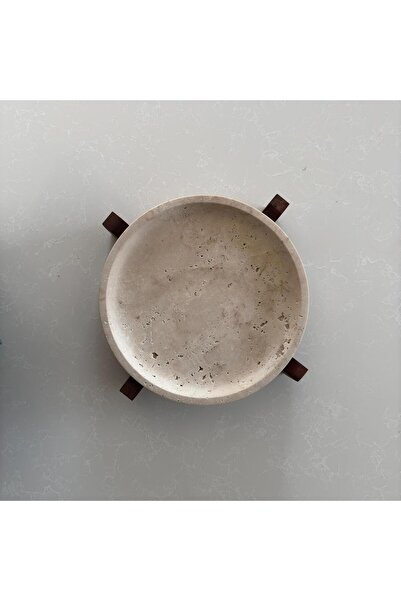 LİSPERA Luxury Mermerev Decor - Walnut, Travertine Marble Presentation Bowl with Wooden Legs