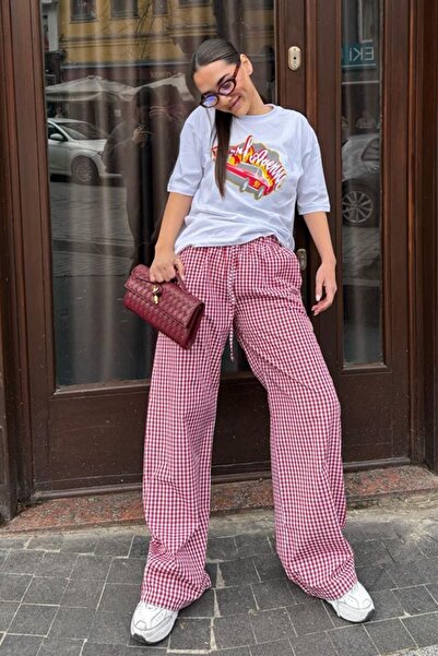 Madmext Burgundy Gingham Wide Leg Women's Trousers Mg2335