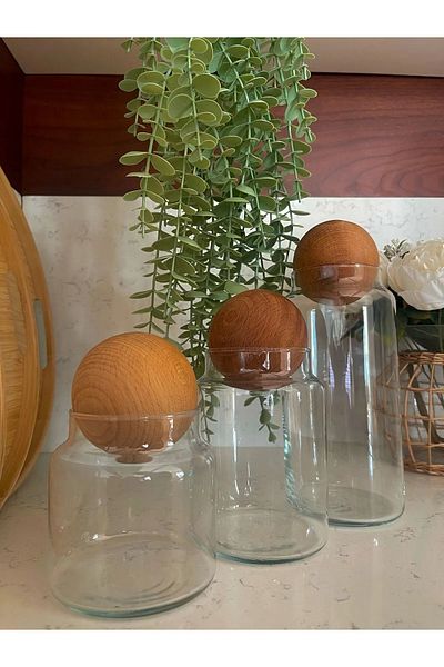 Bade Home Set of 3 Wooden Ball Cork Lid Glass Jars, Sugar Bowl, Snack Bowl, Seasoning Bowl and Storage Container