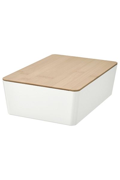 erorex Box with lid, white/bamboo, 18x26x8 cm