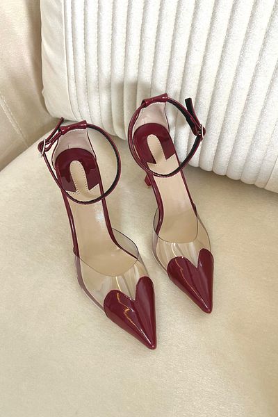 Elvessa Burgundy Patent Leather Heart Comfortable Fit 7cm Heeled Shoes