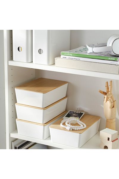 erorex Box with lid, white/bamboo, 18x26x8 cm