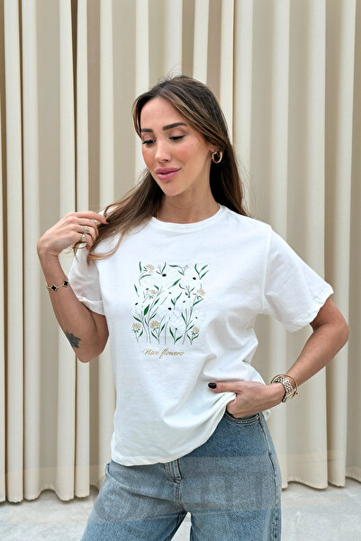 Qaju Жіночий футболка з коротким рукавом з квітковим принтом (T-shirt)