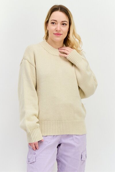 NIA Women Crew Neck Knitted Sweater, Beige
