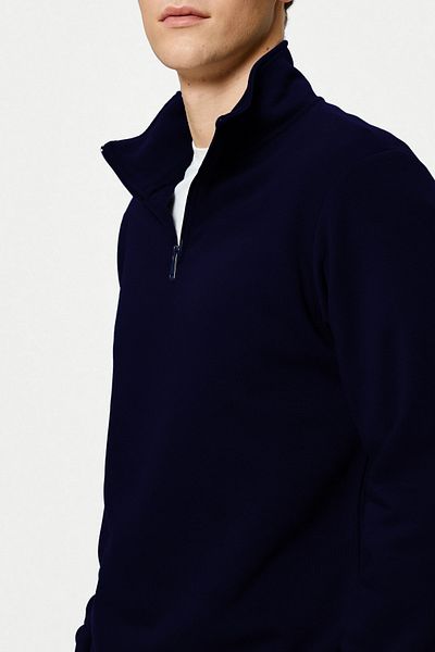ruNadeS Navy Blue Comfort Regular Fit Comfortable Fit Zippered Stand Collar Basic Plain Sweatshirt