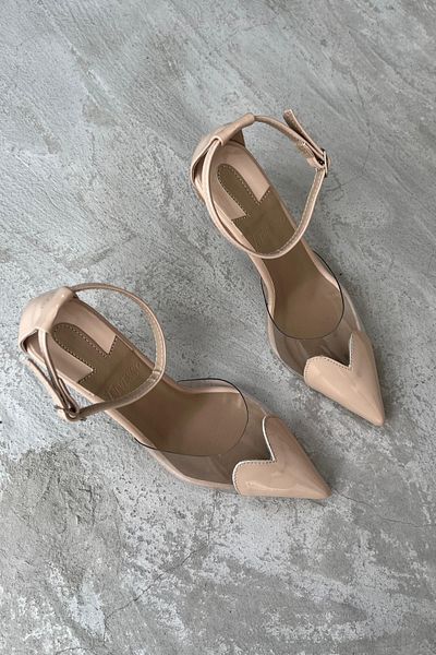 Elvessa Beige Patent Leather Heart Comfortable Fit 7cm Heeled Shoes