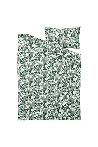 erorex Duvet cover and pillowcase, white green/forest pattern, 150x200/50x80 cm