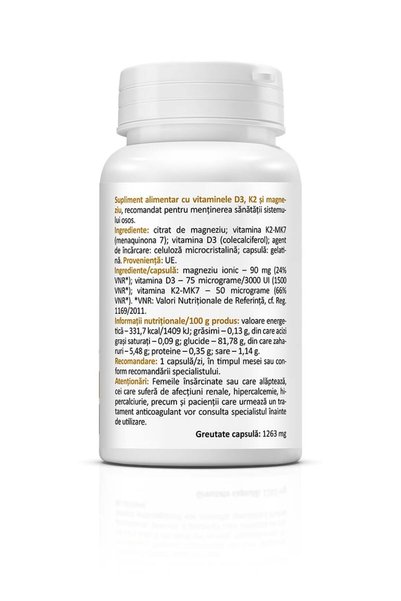 ZENYTH Vitamina D3 (3000 UI) K2 și magneziu și cofactori, 30 capsule, sănătatea oaselor