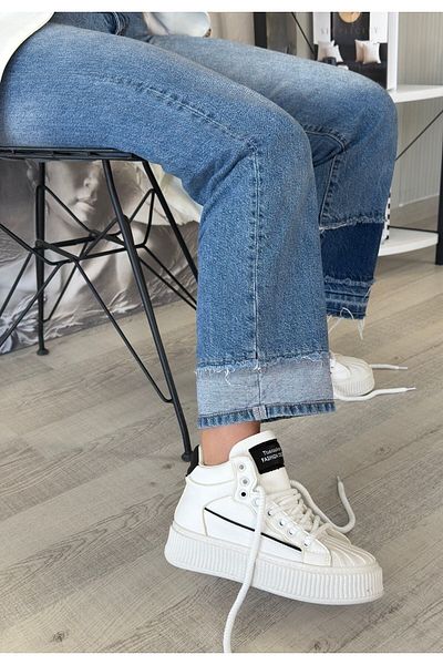 Lisinya White Leather Black Detailed Lace Up Sneakers