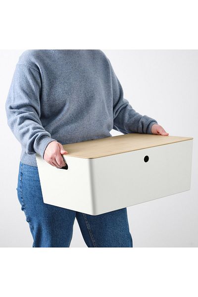 erorex Box with lid, white/bamboo, 37x54x21 cm