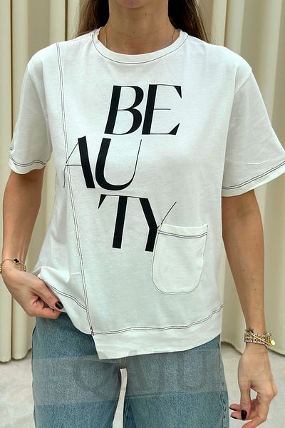 Qaju Women's Ecru Asymmetrical Stitching Detail Text Printed Oversize T-Shirt (T-Shirt)