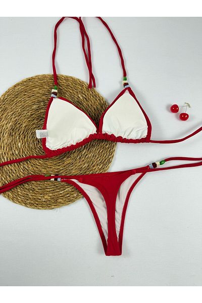 FUNELLA Women's Red Bead Detailed Lycra String Bikini Set Stylish Drawstring Thong Bikini Set New Model