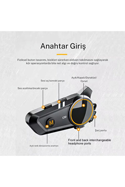 VOOKA Intercom 2x Bağlantılı Telsiz Özellikli 5.3 Bluetooth + Kulaklık Mikrofon Seti Stereo Su Geçirmez A+