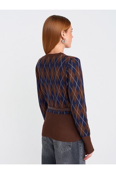 Dilvin 60956 Crew Neck Belted Knitwear Cardigan - Brown m