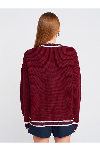 Dilvin 60966 V-Neck Striped Buttoned Thessaloniki Knitwear Cardigan-Claret Red
