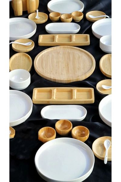 Bambum Atbyhome 6-Person 36-Piece Bamboo - Ceramic Breakfast Set - Luxury Breakfast Presentation Set