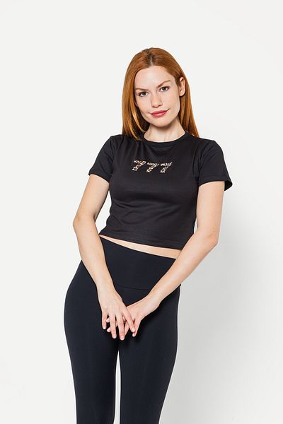 Sekizbiraltı 777 Crop Top negru imprimat