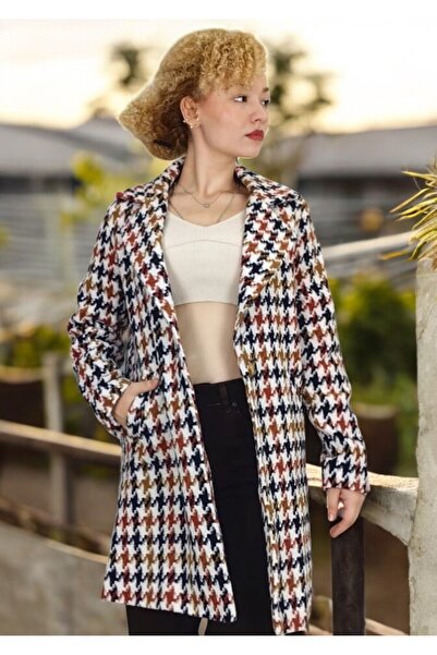 yagmurberen Жіночий пальто з підкладкою, з візерунком «гусяча лапка», середньої довжини