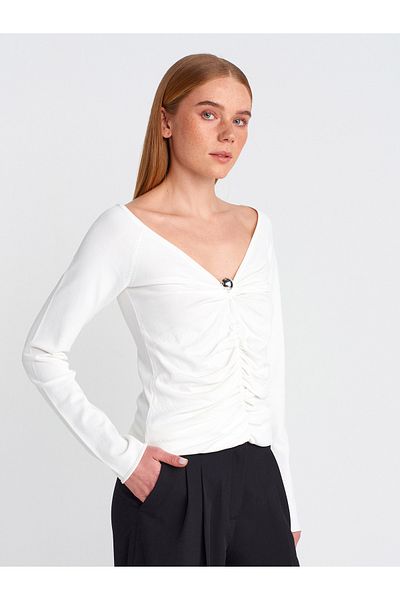 Dilvin Ecru V-Neck Front Gathered Knitwear Sweater - 10710