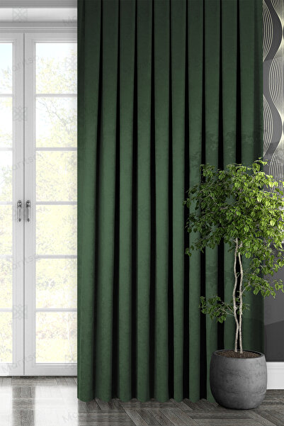 MARİTSA سلسلة مخملية مزخرفة باللون الأخضر الداكن ذات ثنيات ضيقة (1x3) ستارة خلفية بجناح واحد