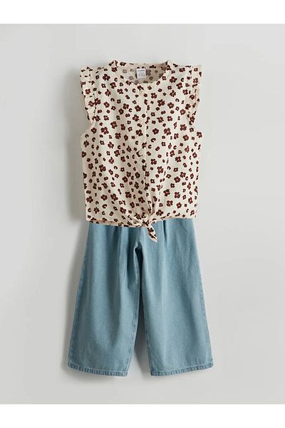 LC Waikiki Lcw Kids Beige Floral Girls' Shirt and Pants 2Pcs