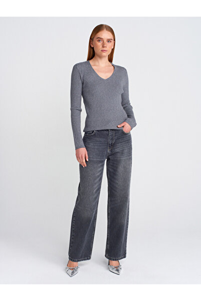 Dilvin 10708 Model V-Neck Thin Sweater - Sequin, Soft Texture, Smoked m