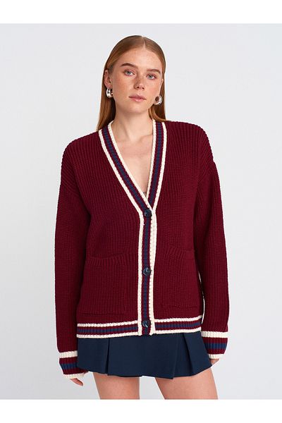 Dilvin 60966 V-Neck Striped Buttoned Thessaloniki Knitwear Cardigan-Claret Red