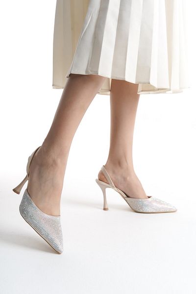 Tamdabu Ayakkabı Stoned Detailed Cream Thin Heeled Evening Dress Women's Heeled Shoes