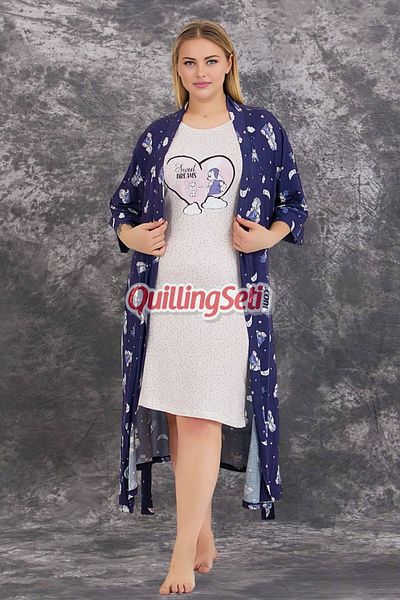 quilling Navy Blue - White Color, Patterned, Sleeveless Large Size 2-Piece Mother's Nightgown Set with Dressing Gown - 19233