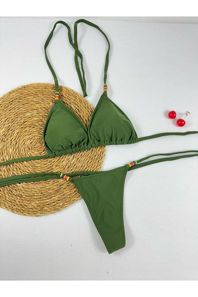 FUNELLA Set de bikini pentru femei din lycra cu margele de culoare kaki