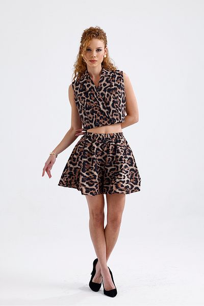 Sense Leopard Print Lined Mini Balloon Skirt |   Etk35935 Coffee Black Leopard