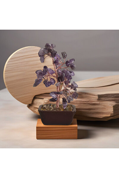 Ametist Doğal Taş Bonsai Şifa Enerji Ağaç Seramik Taban Biblo