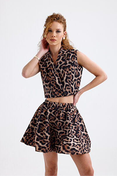 Sense Leopard Print Lined Mini Balloon Skirt |   Etk35935 Coffee Black Leopard
