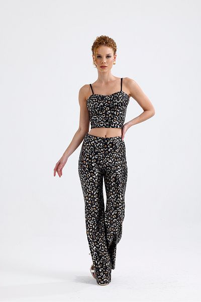 Sense Wide Leg Sequin Trousers |   Pnt32440 Black Gold Leopard