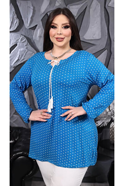 HÜLYA BUTİK Women's Plus Size Turquoise Polka Dot Neckline Lace up Blouse