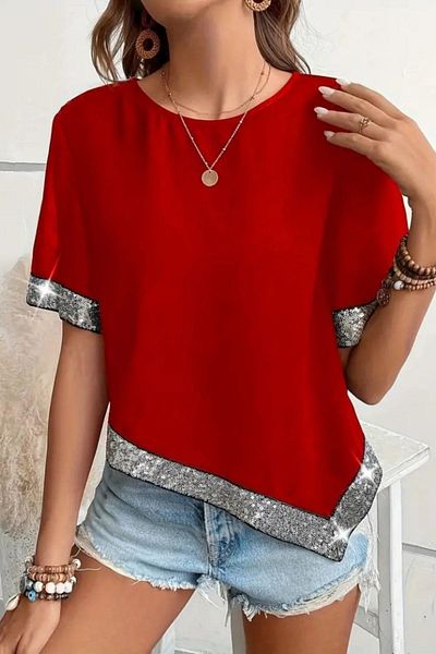 Mossta Asymmetric Cut Sequined Crepe Blouse Red