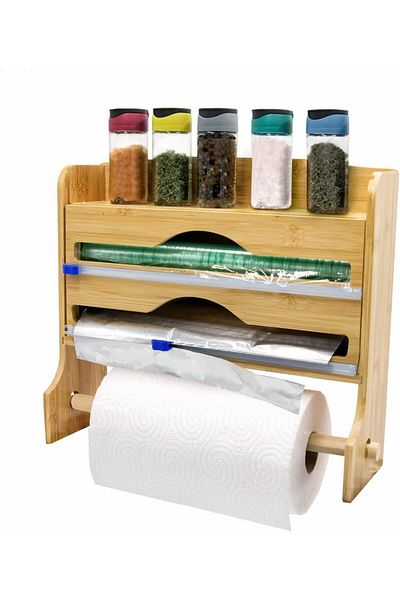 Vadi Bamboo Cling Film and Foil Cutter + Paper Towel Holder Organizer
