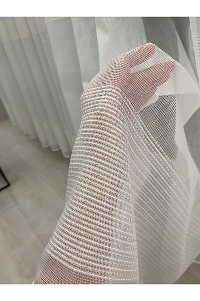İNCİLİFE 18101 Gold Silvery Horizontal Striped Modern Ecru Tulle Curtain 1/3 Folded