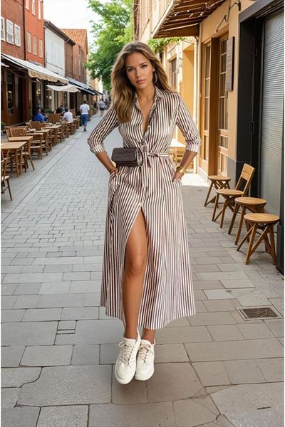 Pasaklı Giyim Rochie de damă cu țiglă negru bej în dungi cu curea de buzunar, ocazională, cu mânecă lungă, ocazională, rochie cămașă lungă3259300