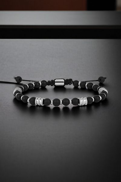 Daniel Klein Men's Bracelet - Natural Stone Black Color with Knitted Buckle Dkeblk2013C1