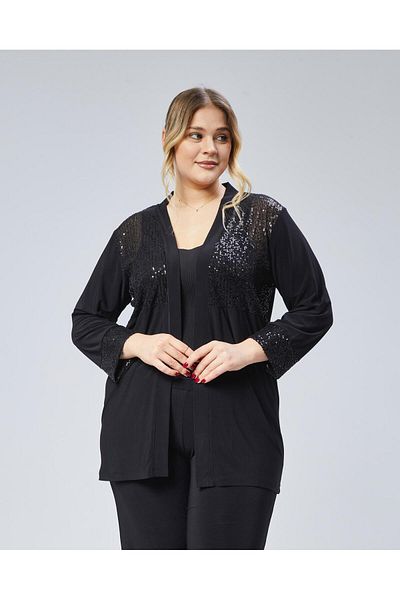 Şans Women's Plus Size Black, Front and Arm Mouth Sequin Sequin Cardigan 65N38792